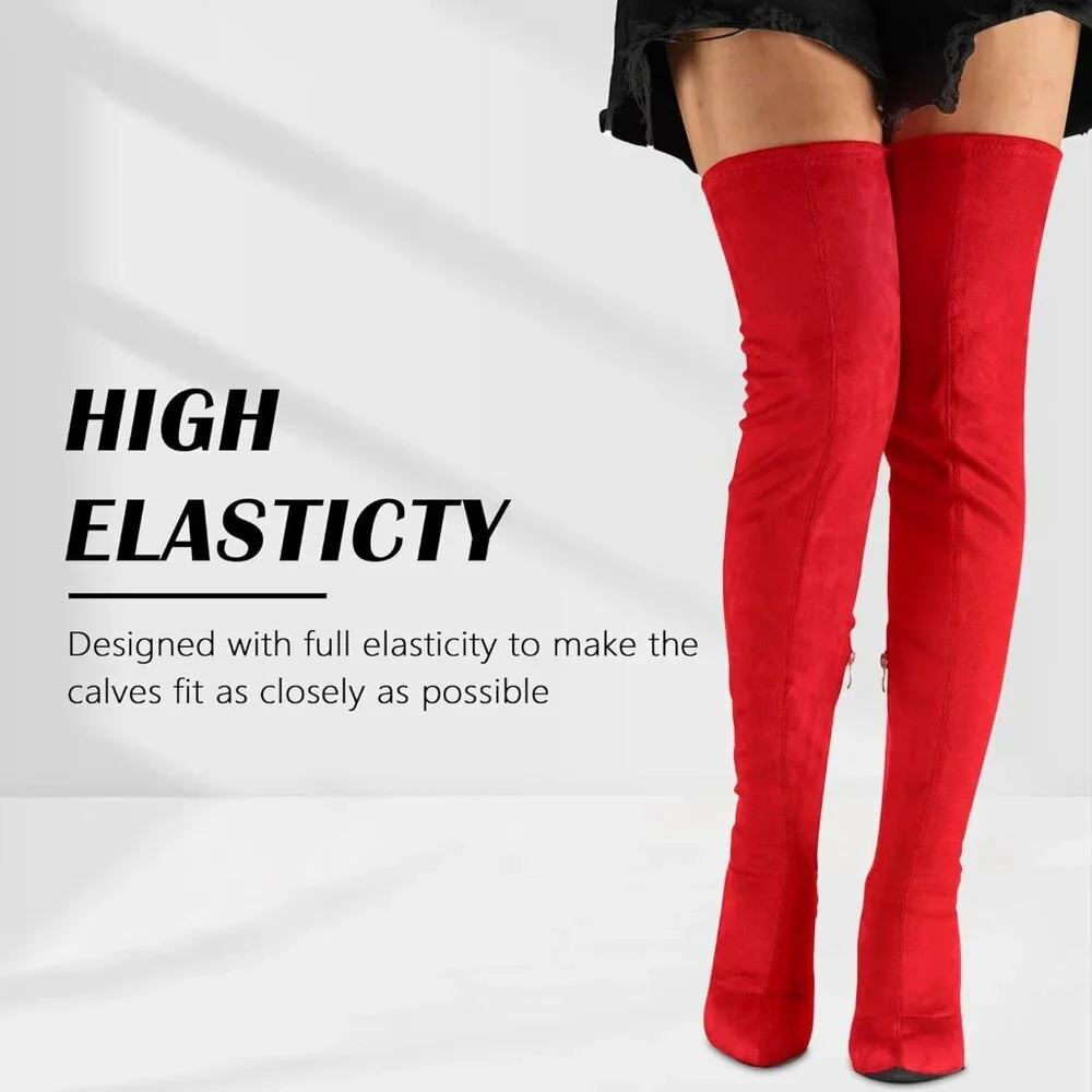 Women's Red -Faux-Suede Pointed Toe Thigh High Side Zipper Heel Boot Shoe